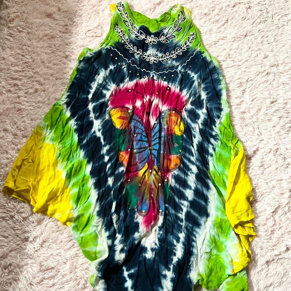 Rainbow Tie Dye Butterfly‎ Hippie Vivid Patchouli Embroidered Oversized Dress